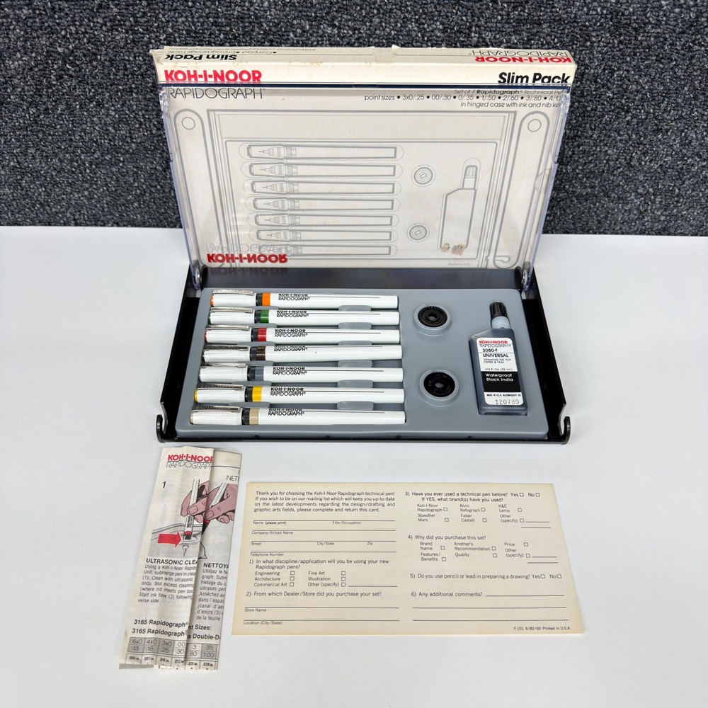 Koh-I-Noor Rapidograph Slim Pack 7 Technical Pen Set 3165-SP-7 Vintage Drafting